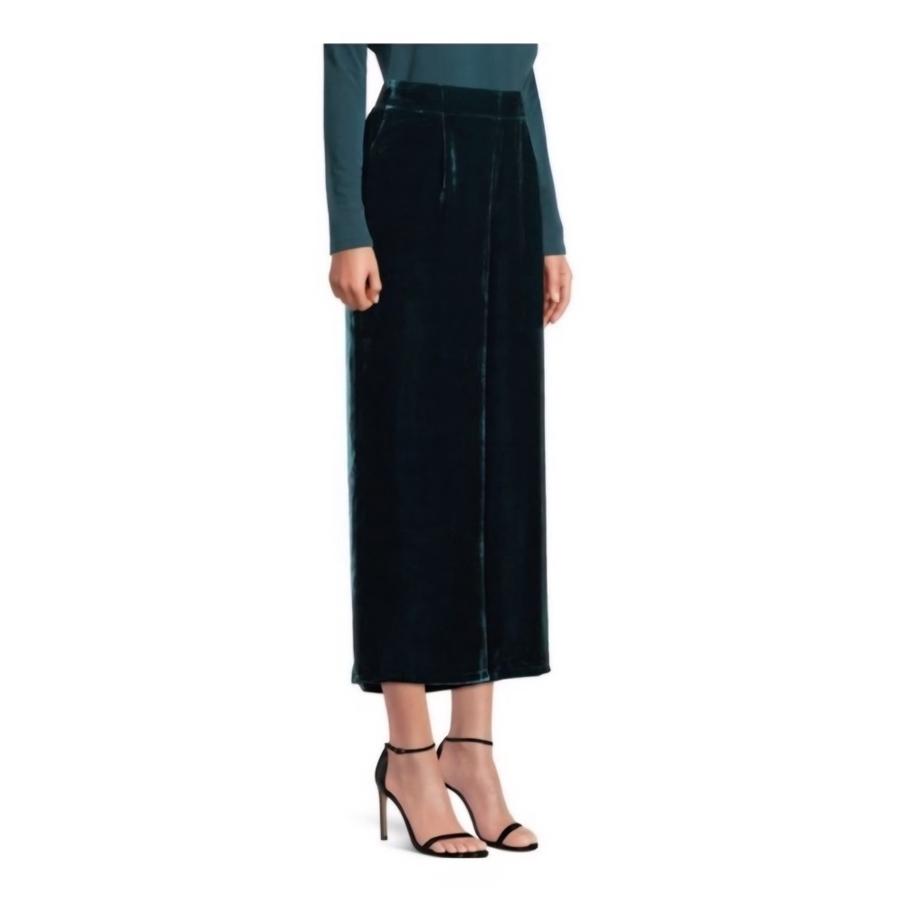 Womens Teal Velvet Wide Leg Cropped Pants Elastic Back Trousers Dark‎ Green